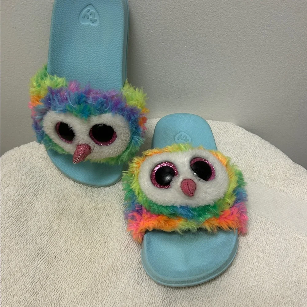 Ty Owl Owen plush colorful rainbow Kids slipOn plush Slide Sandals size 11-13